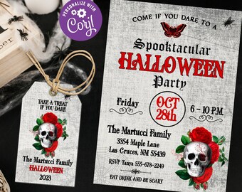 Editable Adult Halloween Party Invitation, Vintage Rose Skull Halloween Invitation, Halloween Invite, Gothic Halloween - Instant Download