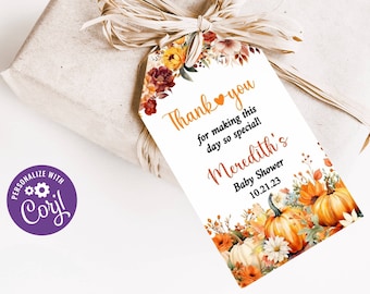 Editable Pumpkin Baby Shower Favor Tag, Pumpkin Baby Shower Thank You Tag, Fall Baby Shower Favor Tag, Thank You Tags - P01