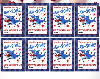 May include: Eight printable Valentine's Day cards featuring a cartoon shark with a bow tie holding hearts in its mouth. The cards have a blue background with white stripes and red hearts. The text on the cards reads "Valentine, you are JAW-SOME! Happy Valentine's Day! From:"