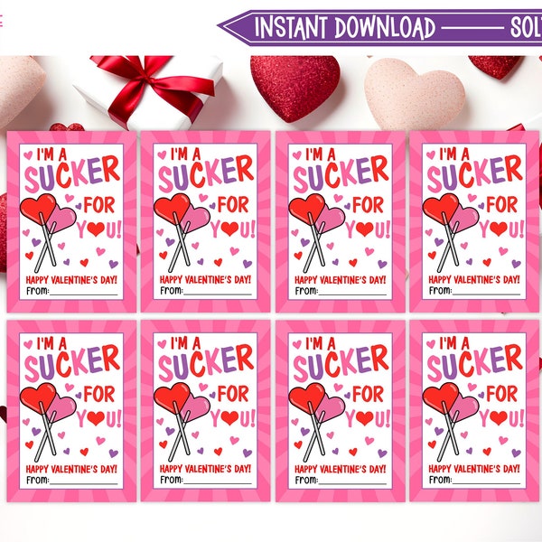 Printable Lollipop Valentine's Day Cards, Valentine's Day Gift Tags, Classroom Valentine's Day Cards for Kids, Instant Download - V01