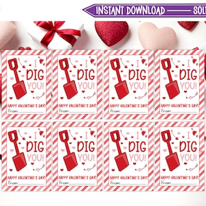 印刷可能な「I Dig You」バレンタインデー カード、バレンタインデー ギフト タグ、子供向け教室用バレンタインデー カード、すぐにダウンロード可能 - V01