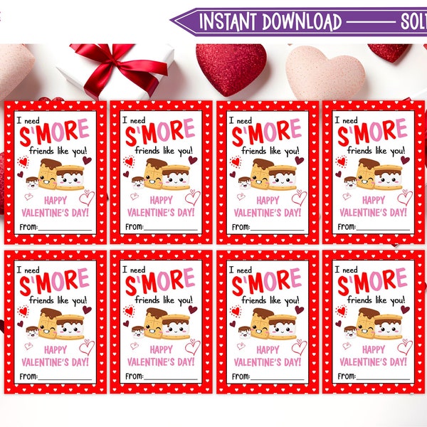 Printable S'mores Valentine's Day Cards, Valentine's Day Gift Tags, Classroom Valentine's Day Cards for Kids, Instant Download - V01