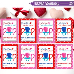 Cartes de Saint-Valentin avec bague pop imprimable, étiquettes-cadeaux de Saint-Valentin, cartes de Saint-Valentin de salle de classe pour enfants, téléchargement immédiat - V01