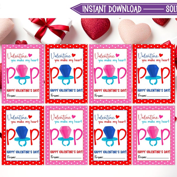 Printable Ring Pop Valentine's Day Cards, Valentine's Day Gift Tags, Classroom Valentine's Day Cards for Kids, Instant Download - V01