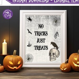 Signo de fiesta de Halloween editable, signo de favor de calavera gótica de Halloween, signo de favor de Halloween vintage, signo de fiesta personalizado, descarga instantánea