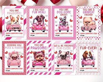 Afdrukbare hond Valentijnsdagkaarten, Valentijnsdag Cadeaukaartjes, Klas Valentijnsdagkaarten voor kinderen, Instant Download, Afdrukbaar - V01