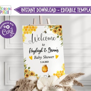 Signo de bienvenida de abeja editable, signo de bienvenida de cumpleaños de abeja, signo de fiesta de baby shower, signo de mesa, descarga instantánea, imprimible, digital