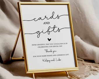 May include: A white sign with black text that reads "cards and gifts". The sign also includes the text "We're grateful that you could join us in celebrating our special day. Thank you for your warm wishes and generous gift. Kelsey and Luke".