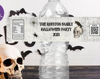 May include: A printable Halloween party water bottle label with a skull, raven, and a QR code. The label is designed to be personalized with the text "The Royston Family Halloween Party 2023".