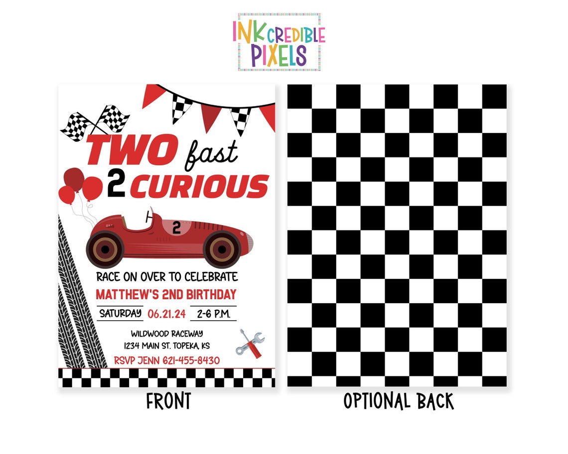 Printable Two Fast 2 Curious Birthday Invitation, Two Fast Race Car