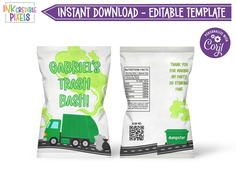 Printable Garbage Truck Chip Bag Wrapper, Garbage Trash Bash Birthday ...