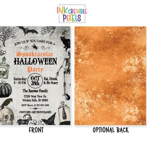 May include: A Halloween party invitation with a spooky design featuring a pumpkin, a raven, a skull, a skeleton, a bat, and a bottle. The invitation includes the text "Spooktacular Halloween Party" and details about the party, including the date, time, and location.