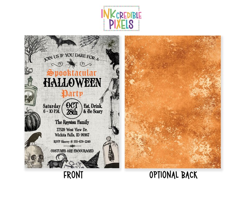 May include: A Halloween party invitation with a spooky design featuring a pumpkin, a raven, a skull, a skeleton, a bat, and a bottle. The invitation includes the text "Spooktacular Halloween Party" and details about the party, including the date, time, and location.