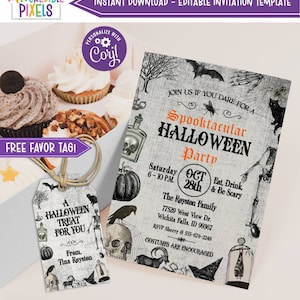 May include: A printable Halloween party invitation with a spooky theme. The invitation features a black and white illustration of a skull, a raven, a bat, and a pumpkin. The text on the invitation reads "Spooktacular Halloween Party" and includes the date, time, and location of the party. The invitation also includes a free favor tag that says "A Halloween Treat for You".