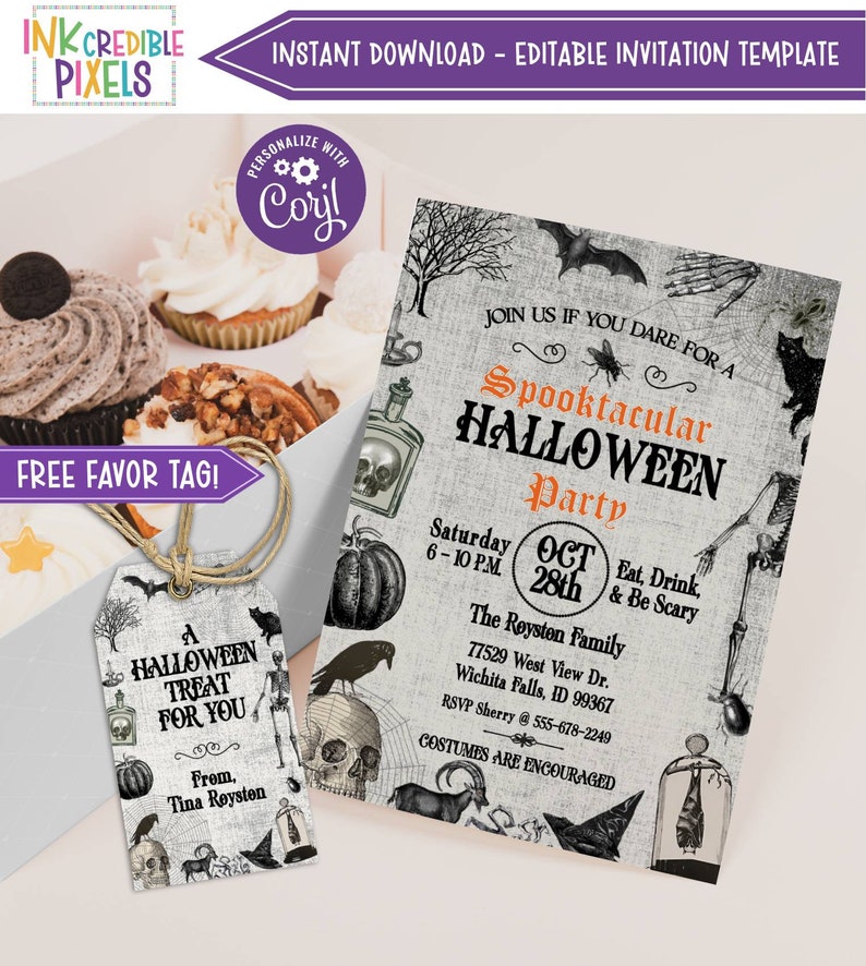 May include: A printable Halloween party invitation with a spooky theme. The invitation features a black and white illustration of a skull, a raven, a bat, and a pumpkin. The text on the invitation reads "Spooktacular Halloween Party" and includes the date, time, and location of the party. The invitation also includes a free favor tag that says "A Halloween Treat for You".