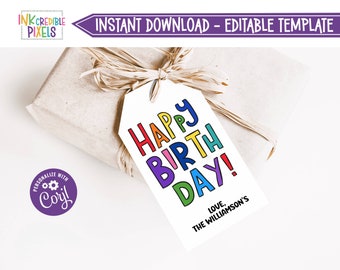 Etiquetas de feliz cumpleaños imprimibles, etiqueta de regalo de feliz cumpleaños, etiqueta de favor de cumpleaños, arco iris, descarga instantánea, plantilla editable, GB1