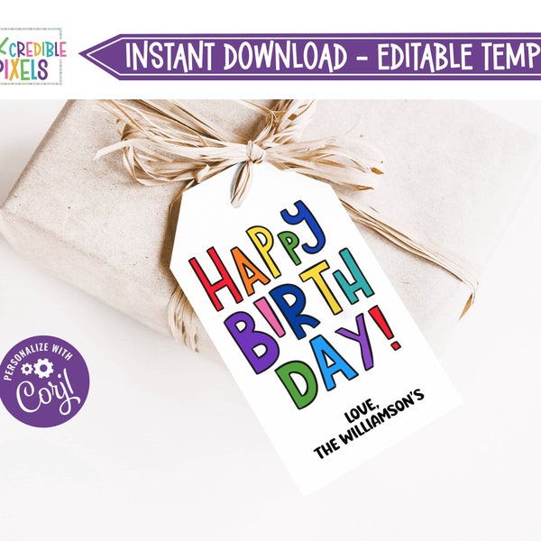 Printable Happy Birthday Tags, Happy Birthday Gift Tag, Birthday Favor Tag, Rainbow, Instant Download, Editable Template, GB1