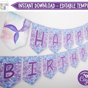 Editable Mermaid Happy Birthday Banner, Mermaid Happy Birthday Bunting, Under The Sea Birthday Banner - Instant Download, Printable, Digital