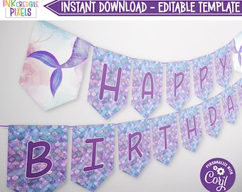 Banner editable de feliz cumpleaños de sirena, banderín de feliz cumpleaños de sirena, banner de cumpleaños bajo el mar - Descarga instantánea, imprimible, digital
