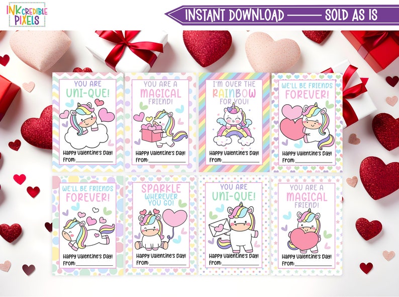 Printable Unicorn Valentine's Day Cards, Valentine's Day Gift Tags, Classroom Valentine's Day ...