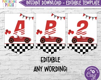 Editable Two Fast Happy Birthday Banner, Race Car Birthday Bunting, Racing Car Birthday Banner - Instant Download, Printable, Digital, RC01