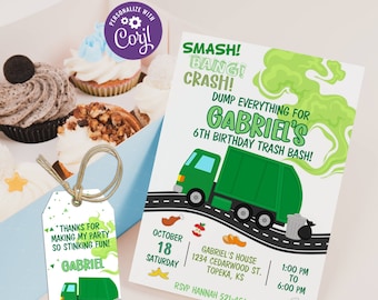 Printable Garbage Truck Invitation, Garbage Birthday Invitation, Trash Bash Party Invite, Construction Invite, Download, Editable, GT1