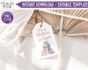 Printable Pastel Christmas Gift Tag, Pink Christmas Tag, Pastel Pink and Green Christmas Gift Tag, Download, Editable, CT1