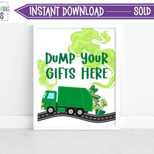May include: A green garbage truck with a green cloud of smoke above it. The truck is filled with wrapped gifts. The text "DUMP YOUR GIFTS HERE" is written in green letters on the sign.