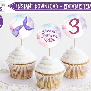 Editable Mermaid Party Cupcake Toppers, Mermaid Birthday Cupcake toppers, Under The Sea Cupcake Toppers, Instant Download, Printable