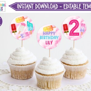 Editable Popsicle Party Cupcake Toppers, Popsicle Birthday Cupcake toppers, Summer Cupcake Toppers, Instant Download, Printable, Digital