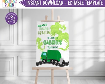 Druckbares Müll-Geburtstags-Willkommensschild, Müllwagen-Geburtstags-Willkommensschild, Party-Schild, Tischschild, Instant Download, bearbeitbar, GT1