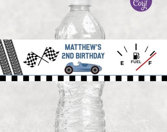 Etiqueta editable de botella de agua de coche de carreras azul, etiqueta de botella de agua, etiqueta de botella de agua de dos cumpleaños rápidos, imprimible, descarga instantánea, BC01