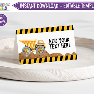 Editable Construction Birthday Food Tent Card, Dump Truck Food Label, Place Card, Folded Tent Card, Instant Download, Printable, C1