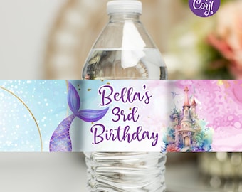 Etiqueta editable de botella de agua de sirena, etiqueta de botella de agua, etiqueta de sirena, etiqueta de botella de agua bajo el mar, descarga instantánea, imprimible