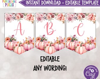Op de afbeelding: Printbare banner met drie secties met roze bloemmotieven, pompoenen en de letters A, B en C. De tekst "INSTANT DOWNLOAD - EDITABLE TEMPLATE" en "EDITABLE ANY WORDING!" is ook inbegrepen.