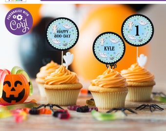 Toppers de cupcakes de fiesta de Halloween editables, toppers de cupcakes de un cumpleaños espeluznante, toppers de cupcakes de Halloween, descarga instantánea, imprimible - S1