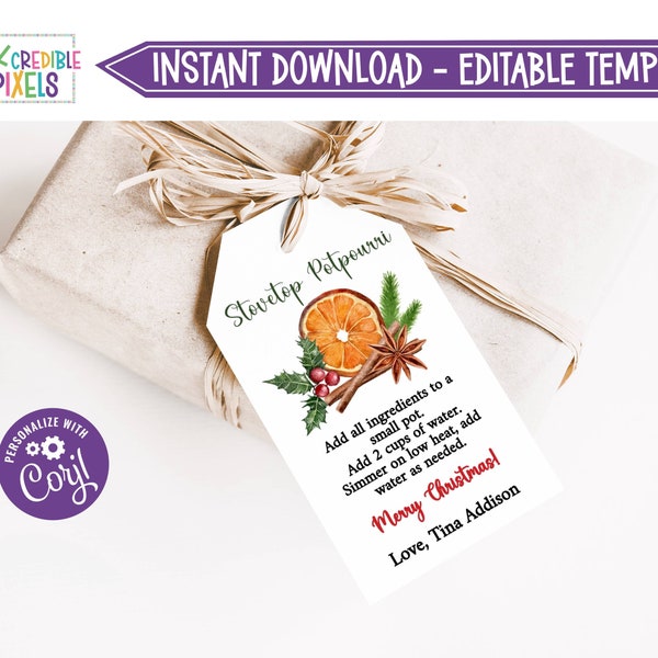 Printable Stovetop Potpourri Tag, Potpourri Favor Tag, Homemade Potpourri Gift Tag, Potpourri Instructions, Download, Editable, CT1