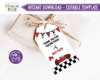 Imprimible dos etiquetas de favor de fiesta de cumpleaños rápidas, etiqueta de favor de coche de carreras, etiqueta de favor de fiesta de coches vintage, etiquetas de agradecimiento, descargar, editable, RC01