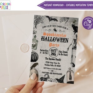 May include: A black and white Halloween party invitation with a spooky theme. The invitation features a skull, a bat, a crow, a skeleton, a pumpkin, and a spider. The text on the invitation reads "Spooktacular Halloween Party" and includes the date, time, and location of the party. The invitation is personalized with the text "Personalize with Corjl".