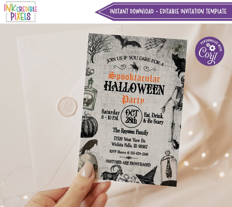 May include: A black and white Halloween party invitation with a spooky theme. The invitation features a skull, a bat, a crow, a skeleton, a pumpkin, and a spider. The text on the invitation reads "Spooktacular Halloween Party" and includes the date, time, and location of the party. The invitation is personalized with the text "Personalize with Corjl".