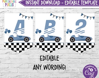Editable Two Fast Happy Birthday Banner, Race Car Birthday Bunting, Racing Car Birthday Banner - Instant Download, Printable, Digital, BC01