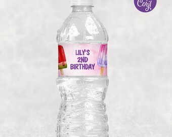 May include: Water bottle label with a pink background and watercolor illustrations of popsicles. The label says "Lily's 2nd Birthday".