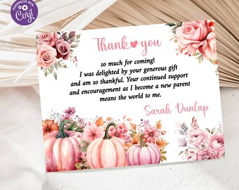 Tarjeta de agradecimiento de calabaza editable, nota de agradecimiento de calabaza, agradecimiento de calabaza rosa, tarjeta de agradecimiento de baby shower - Descargar, Imprimible, PP01