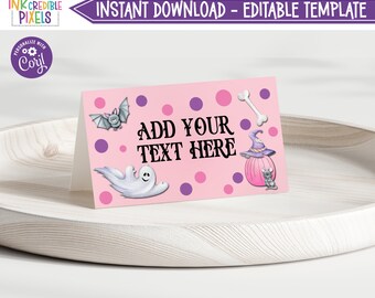 May include: A pink Halloween-themed card with the text "ADD YOUR TEXT HERE". The card features illustrations of a bat, ghost, bone, pumpkin with a witch hat, and a mouse, along with pink and purple polka dots. The words "INSTANT DOWNLOAD - EDITABLE TEMPLATE" are at the top.