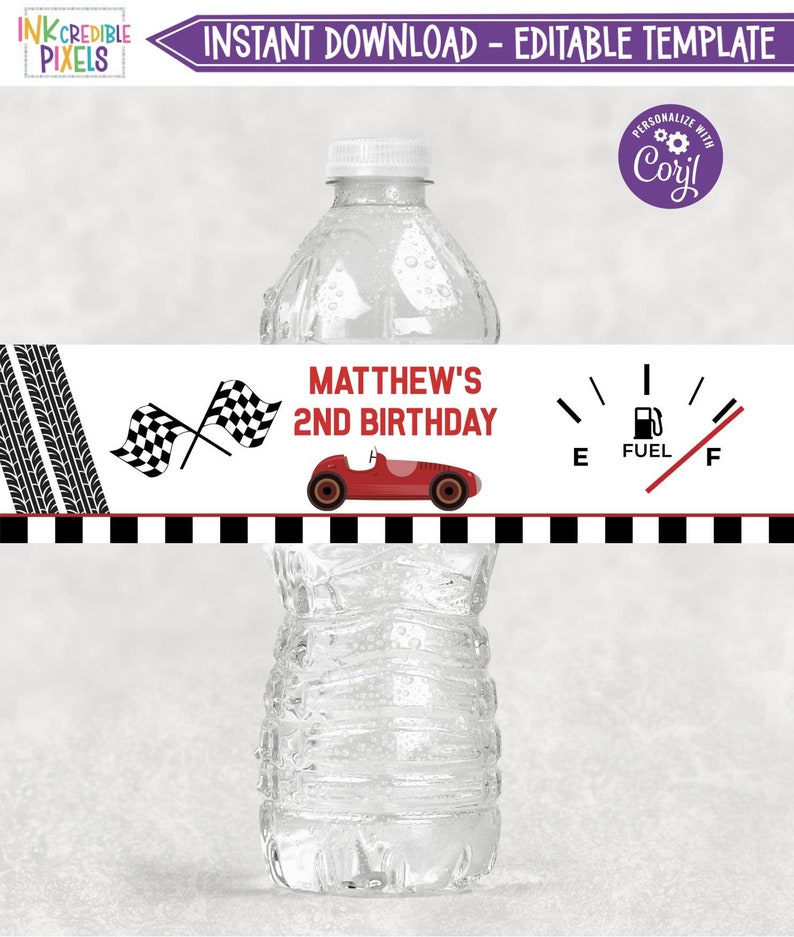 Editable Race Car Water Bottle Label, Water Bottle Label, Two Fast ...