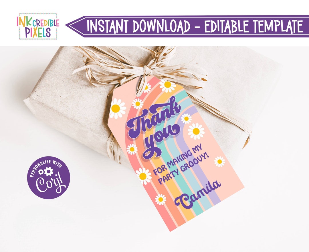 Printable Retro Hippie Party Favor Tag, 70's 70s Peace Daisy Van ...