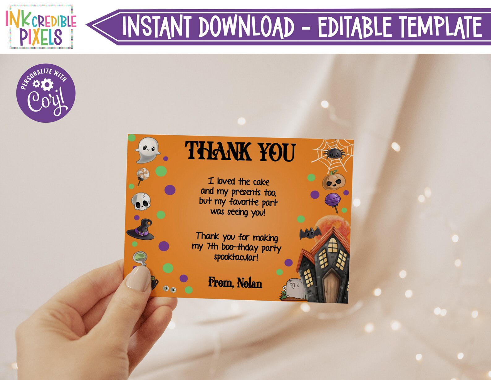 Editable Halloween Party Thank You Card, Halloween Birthday Thank You ...