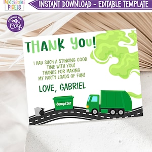 Printable Garbage Truck Thank You Card, Garbage Trash Bash Birthday Thank You Note Card, Garbage Truck Thank You, Download, Editable, GT1