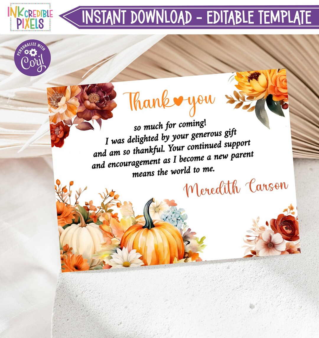 Editable Pumpkin Thank You Card, Pumpkin Thank You Note, Pumpkin Thank ...