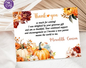 Editable Pumpkin Thank You Card, Pumpkin Thank You Note, Pumpkin Thank You, Baby Shower Thank You Card - Download, Printable, P01